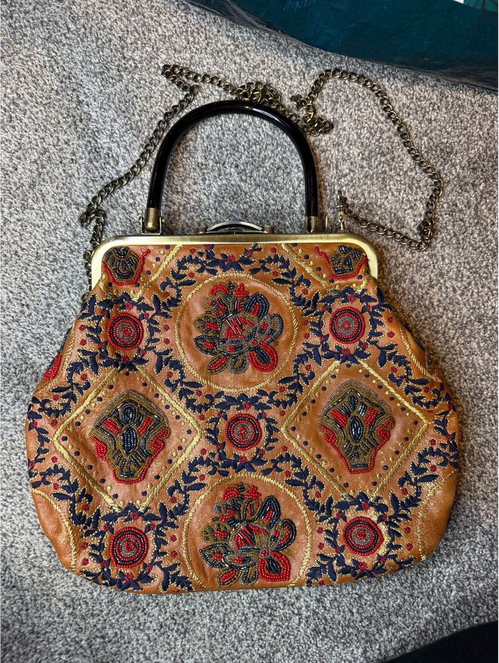 Patricia Nash Embroidered Leather Top Handle Bag with Chain Strap Broken